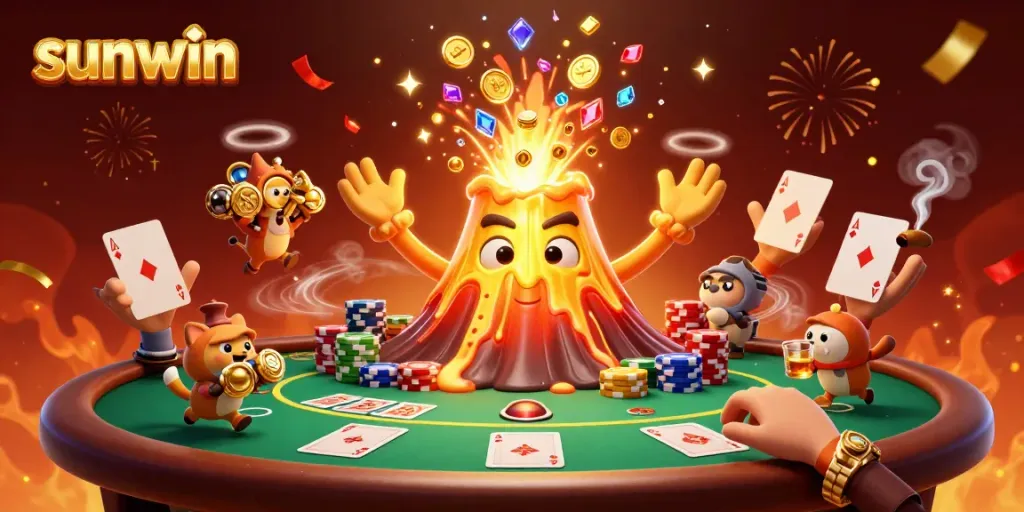 Experience the thrill of sunwin with a lively 3D scene of a golden volcano bursting treasure in a casino.