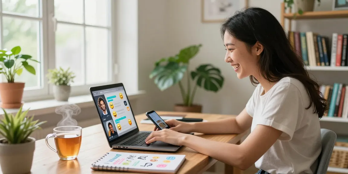 Engaging online chat scene showcasing شات فلة الخليج community interaction in a cozy home office.