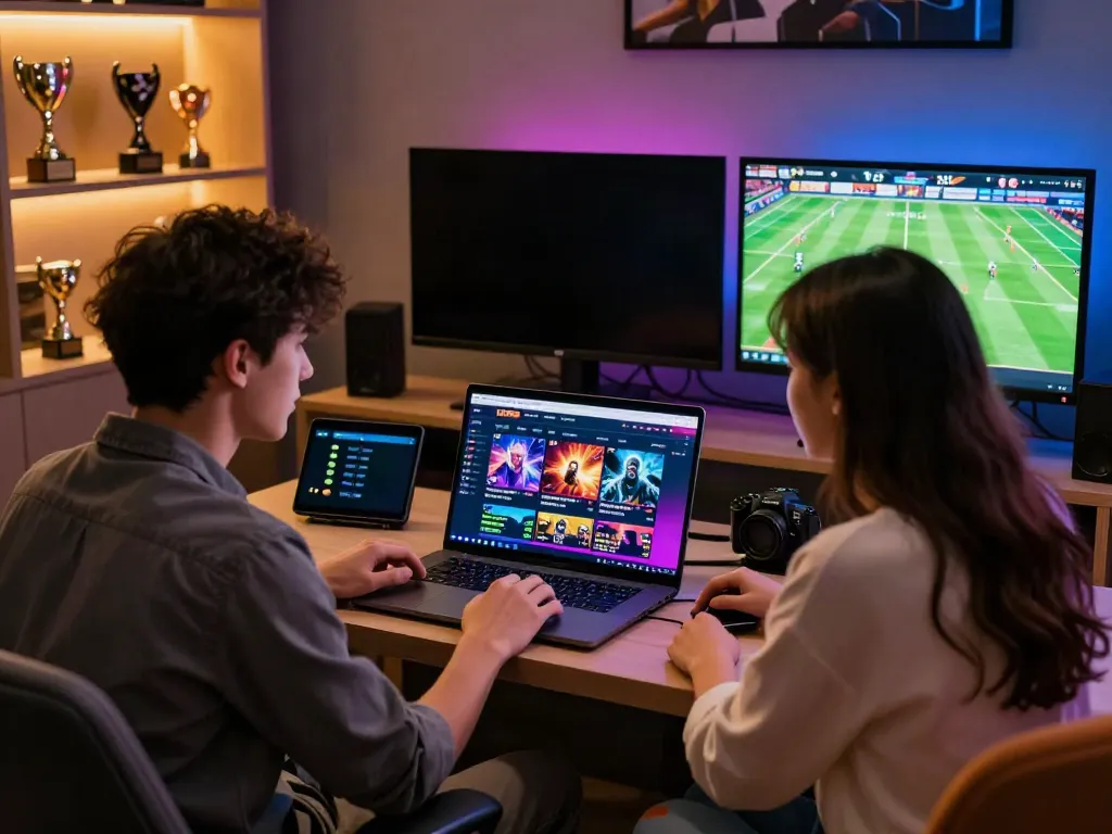 Young gamers engaging on the UFABET platform with vibrant graphics and live sports.