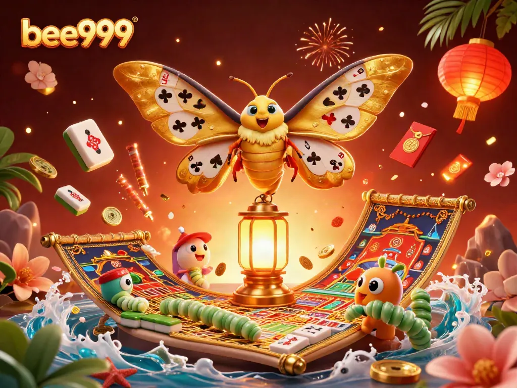 Experience thrilling gameplay with bee999 as a majestic golden moth overlooks a vibrant casino scene.