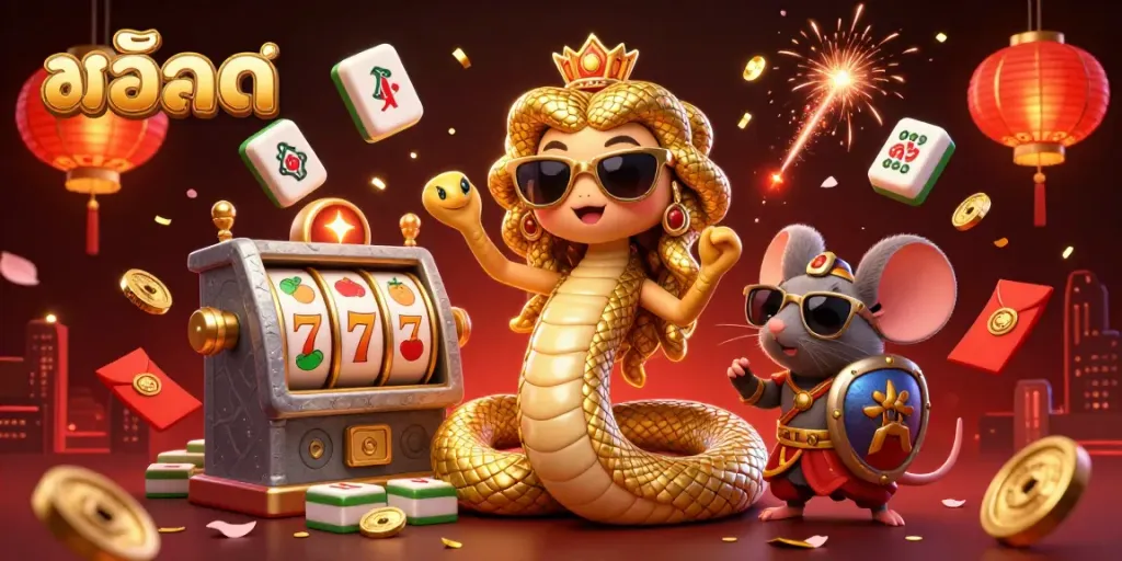 Engage with สล็อต through a lively 3D celebration of slot machines, Medusa, and festive elements.