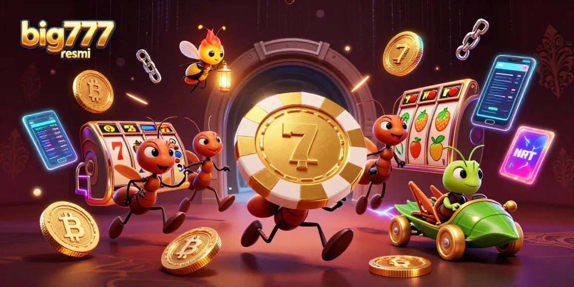 Big777 resmi showcases a vibrant scene with cartoon ants and crypto elements in a high-stakes online casino