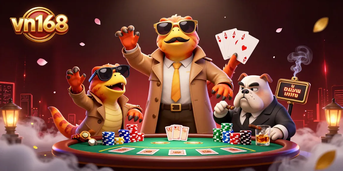 Experience thrilling poker action at vn168 as cartoon raptors attempt a VIP casino entry.