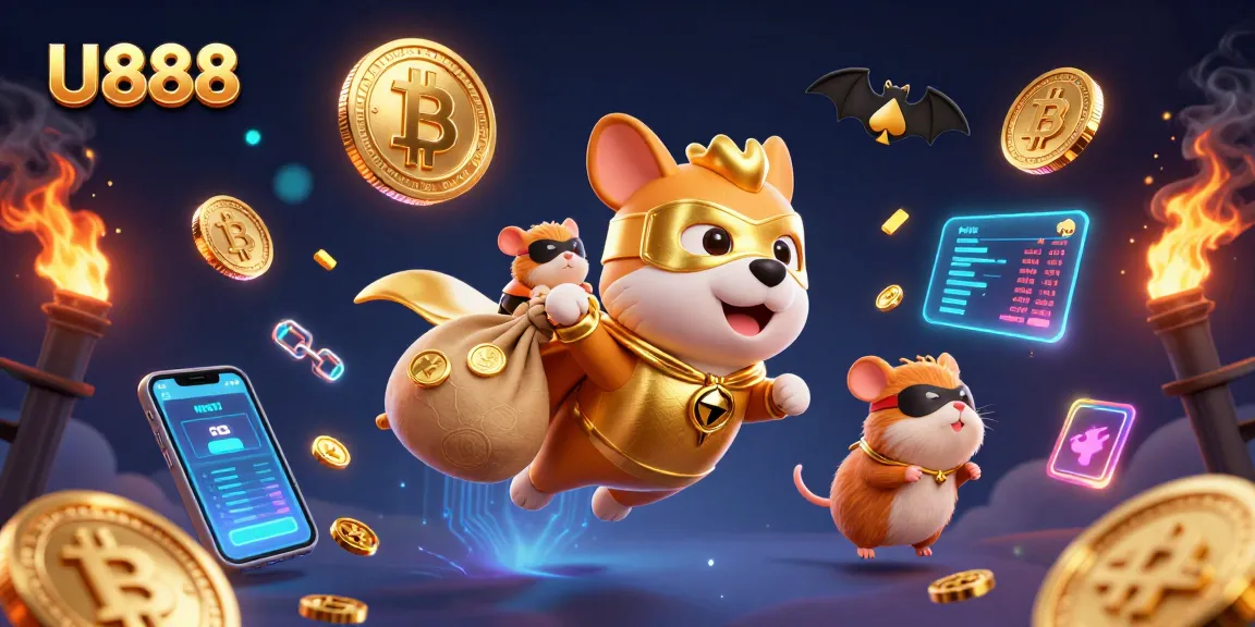 U888 showcases a superhero dog flying with a bag of gold coins amidst vibrant crypto elements.