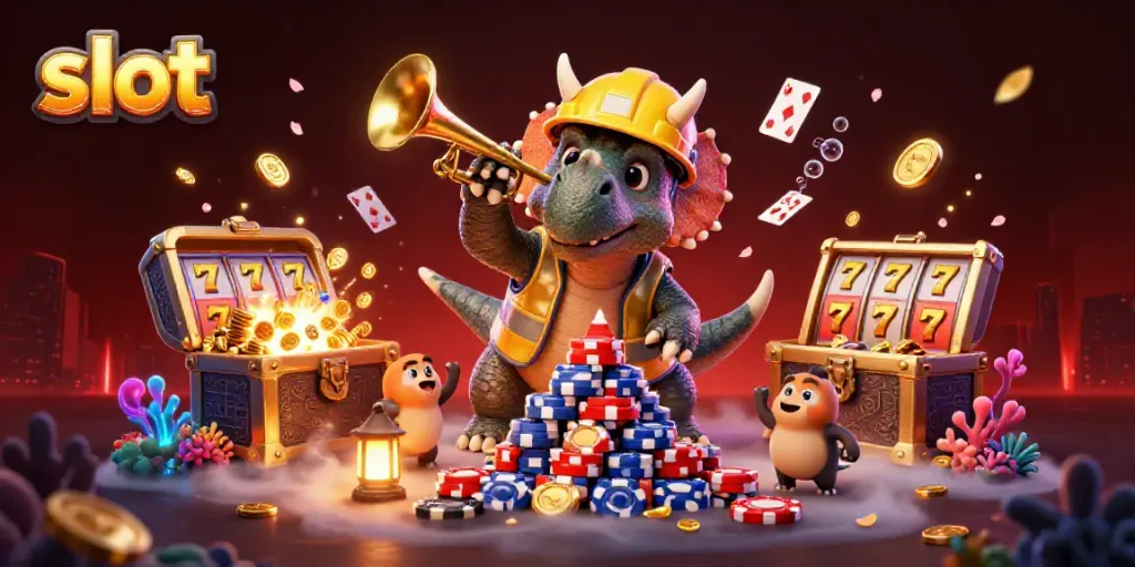 Slot dengan triceratops membangun tumpukan chip poker, dirayakan oleh parasaurolophus dan kompsognatus.