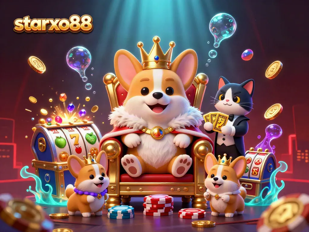Engage in thrilling moments with starxo88 as a royal corgi reigns atop poker chips amidst vibrant slot symbols