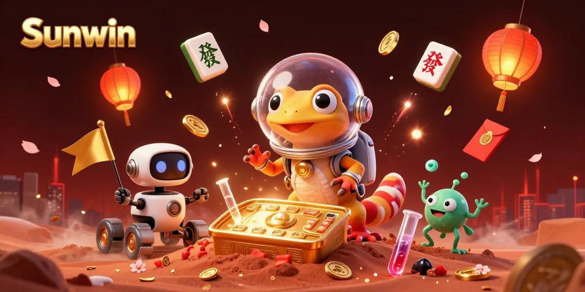 Engage with Sunwin's vibrant alien casino adventure featuring a gecko and robot amidst gold and festive elements.