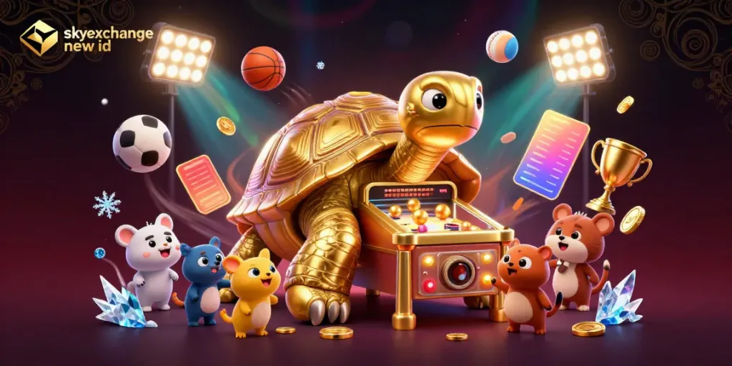 Engage with the vibrant skyexchange new id promotion, showcasing a colossal tortoise pinball machine amid dynamic sports elements.