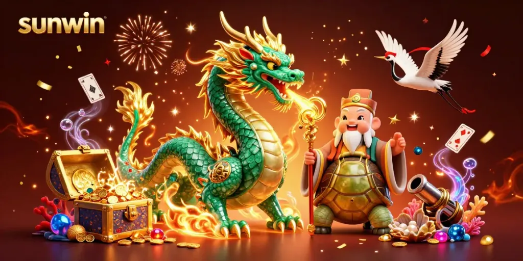 Experience thrilling gaming action with sunwin's 3D illustration featuring a jade dragon and vibrant casino elements.