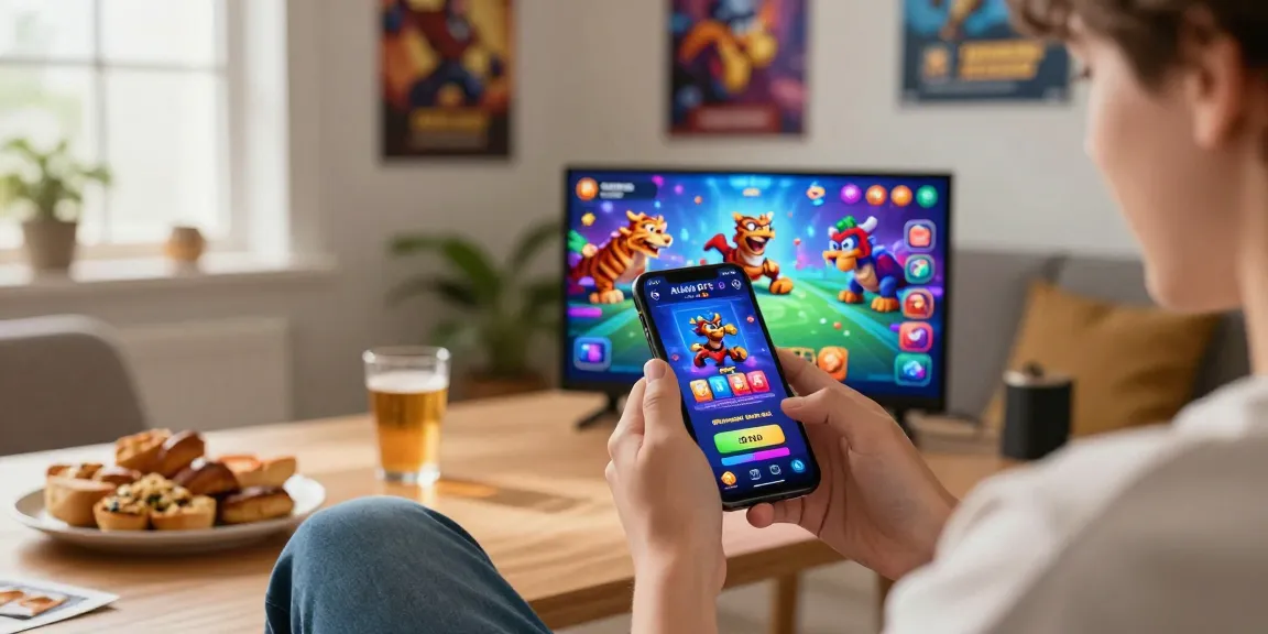 Player engaging with Alano Dt 5 game link on smartphone, surrounded by exciting game graphics and cozy gaming atmosphere.