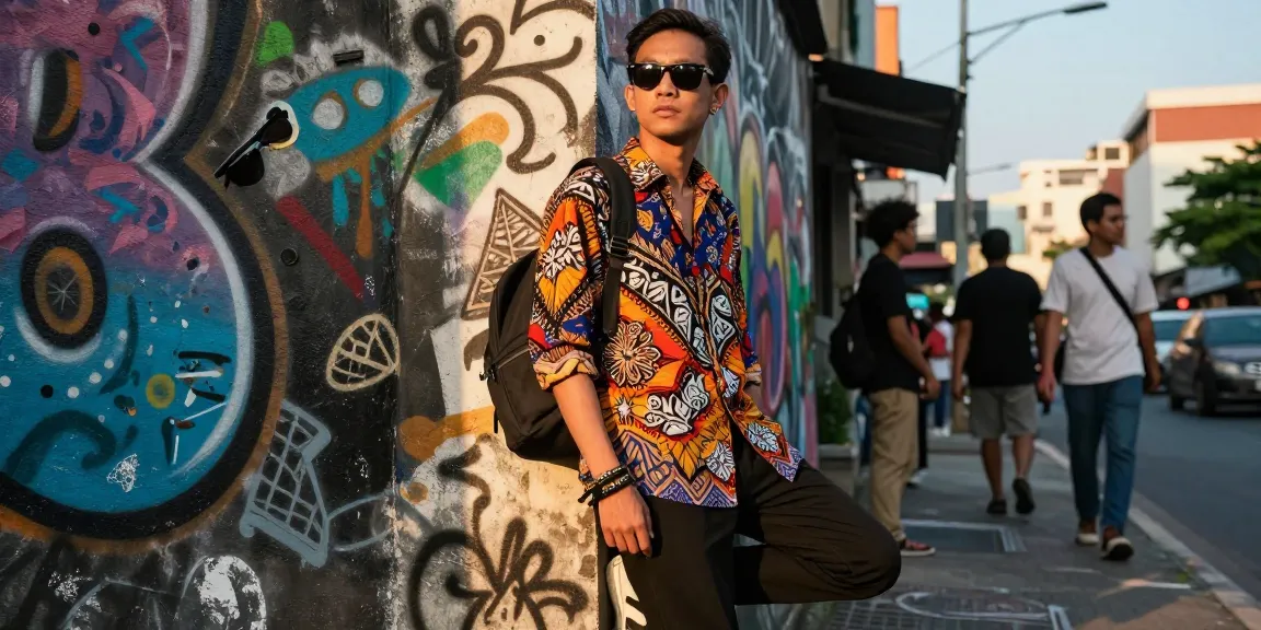 Orang mengenakan pakaian bergaya Batik88 di lingkungan perkotaan yang ramai, menampilkan keindahan motif Batik klasik.