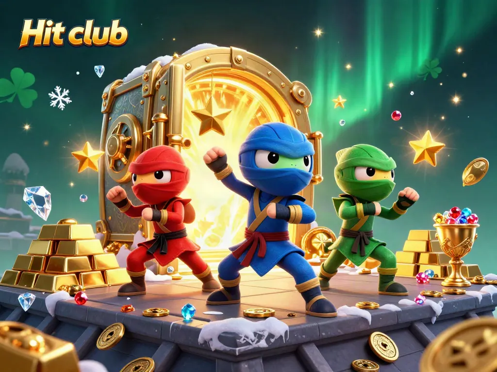 Engage with Hit club's vibrant casino world featuring ninja chameleons amid treasure in 3D!
