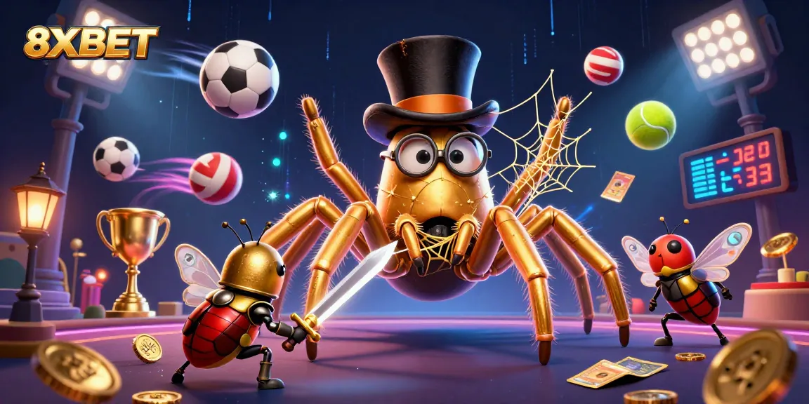 Engage with 8XBET dynamic sports betting scene featuring a 3D cartoon golden tarantula and beetle knight amidst vibrant casino elements.