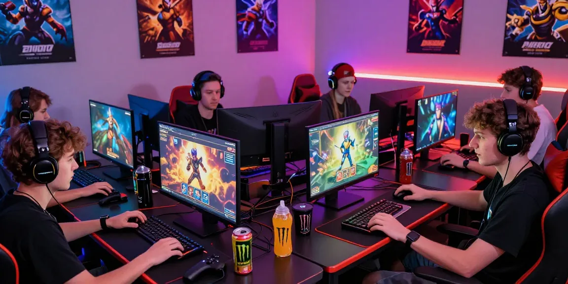 Group of gamers enjoying game bài đổi thưởng session in a vibrant gaming room, filled with energy and excitement.