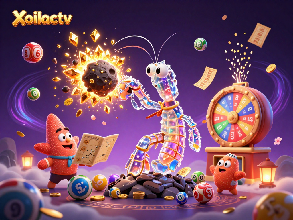 Xoilactv showcases a samurai mantis shrimp in casino-themed dynamic gambling illustration filled with lottery elements.