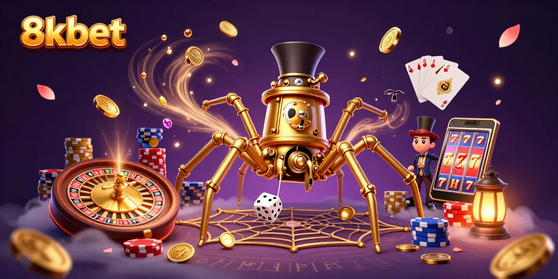Catch thrilling wins with 8xbet's steampunk-inspired casino adventure, featuring golden coins and a spinning roulette.