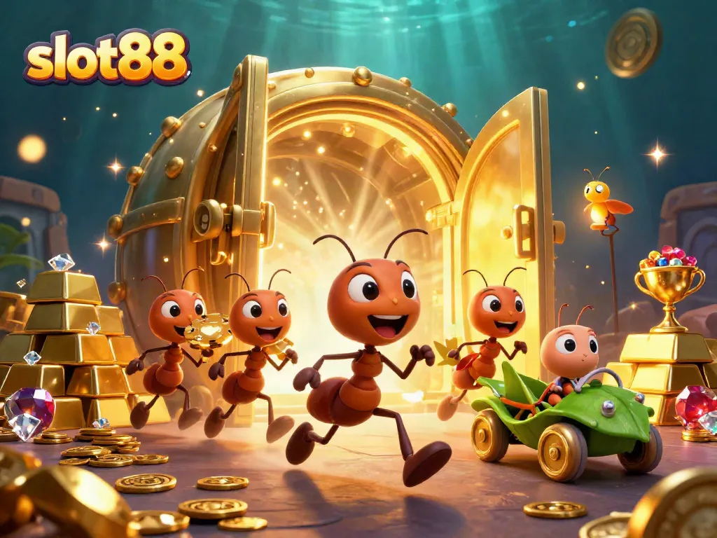 Menggali jackpot besar di slot88 dengan chip poker emas yang dibawa oleh semut 3D