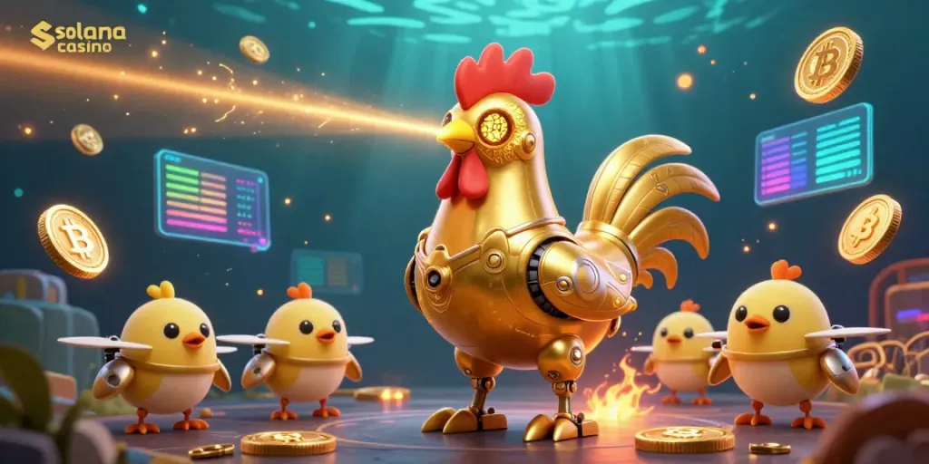 Engage with solana casino through vibrant 3D illustration featuring a golden rooster robot and cryptocurrency elements.