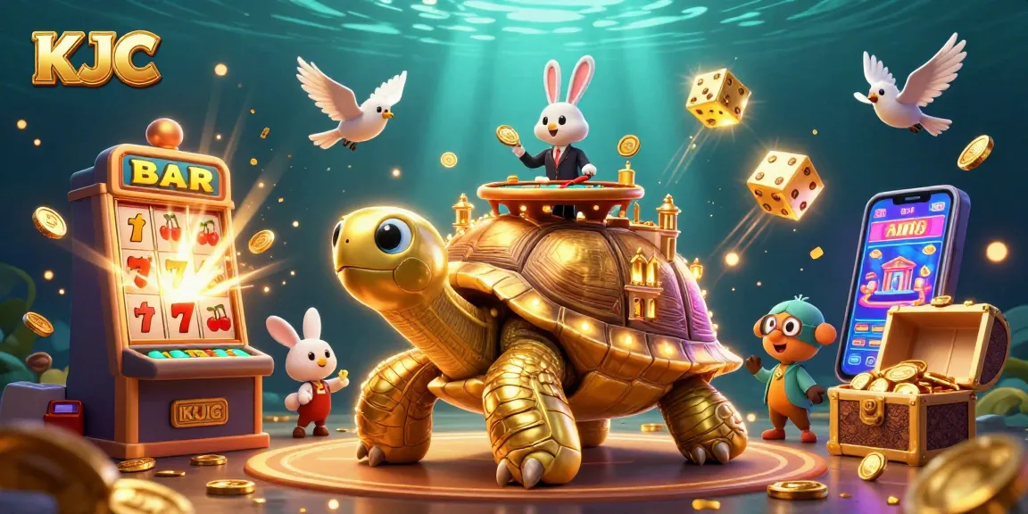 Experience thrilling KJC casino action with a giant tortoise carrying a lively gaming scene.