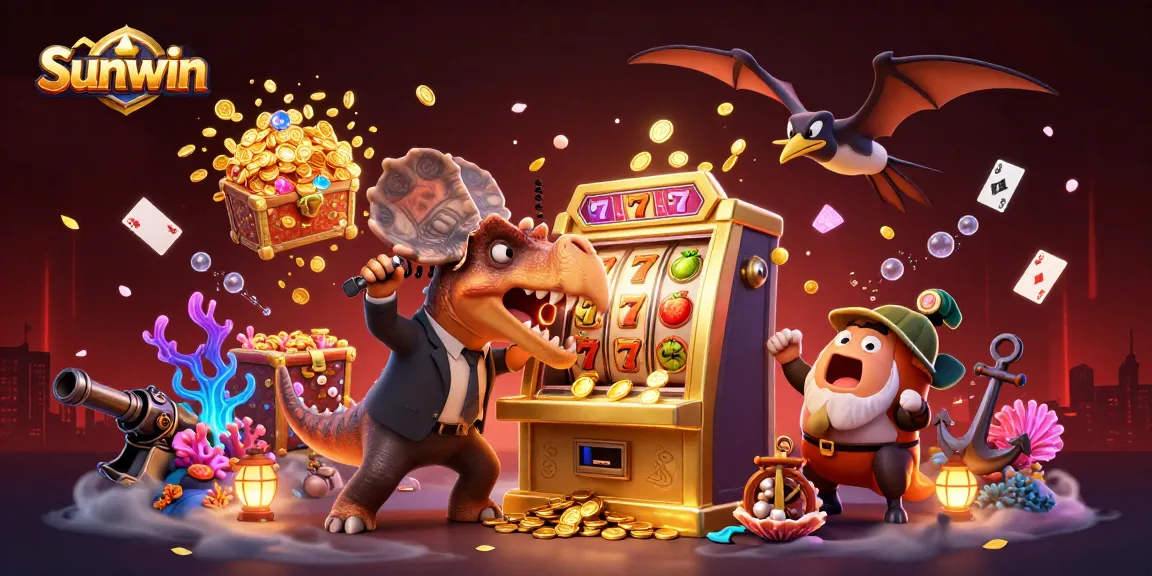 Sunwin showcases an exciting casino scene with a pachycephalosaurus celebrating jackpot wins at a colorful slot machine.