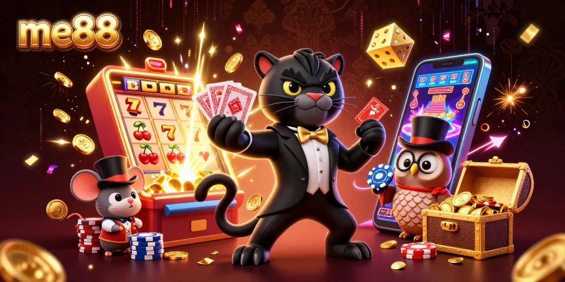 Experience me88's thrilling casino atmosphere with playful characters in a dynamic, engaging scene.