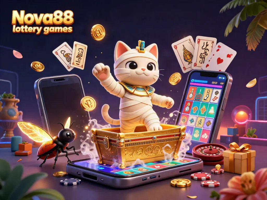 Engaging scene of Nova88 lottery games, featuring 3D cartoon mummy cat and a scarab beetle in an animated casino environment.