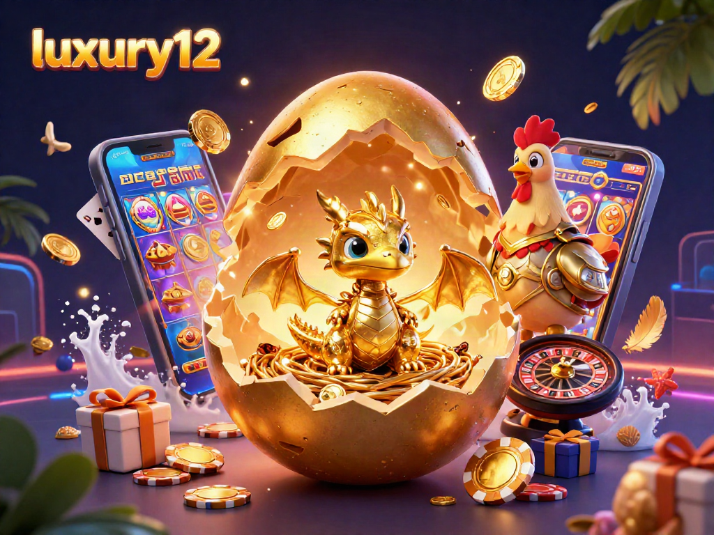 Experience luxury12 with a vibrant 3D illustration showcasing a golden dragon and casino elements.