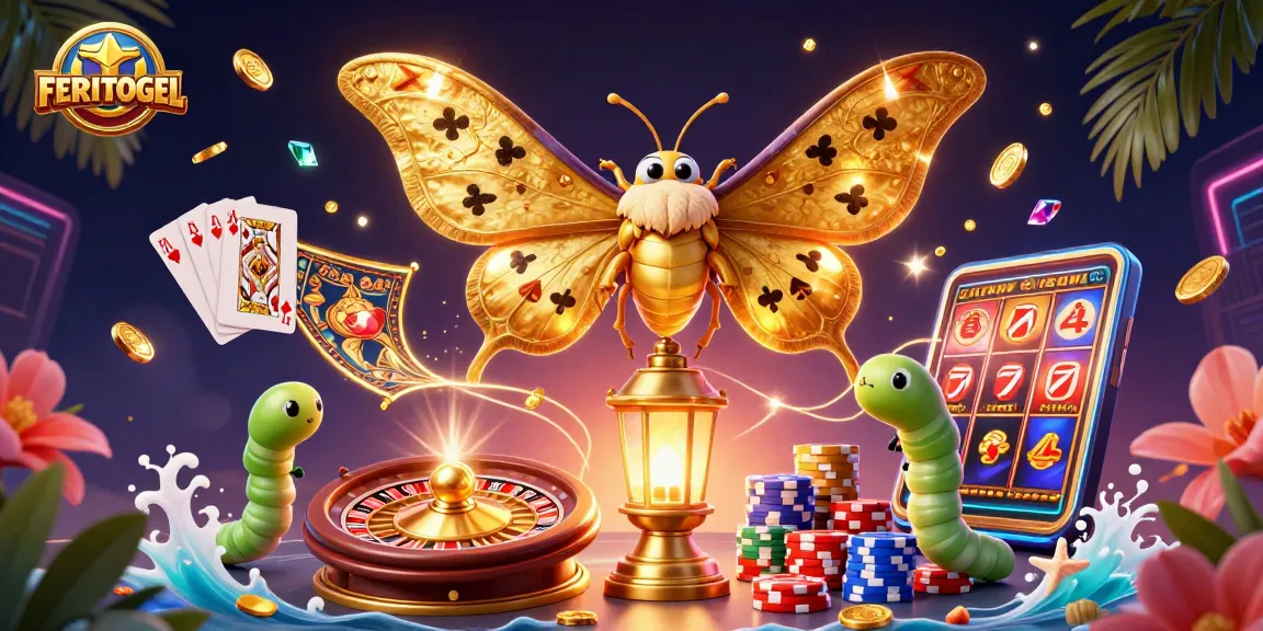 Experience exciting wins with FERITOGEL's vibrant 3D casino illustration featuring enchanting moths and dynamic games.