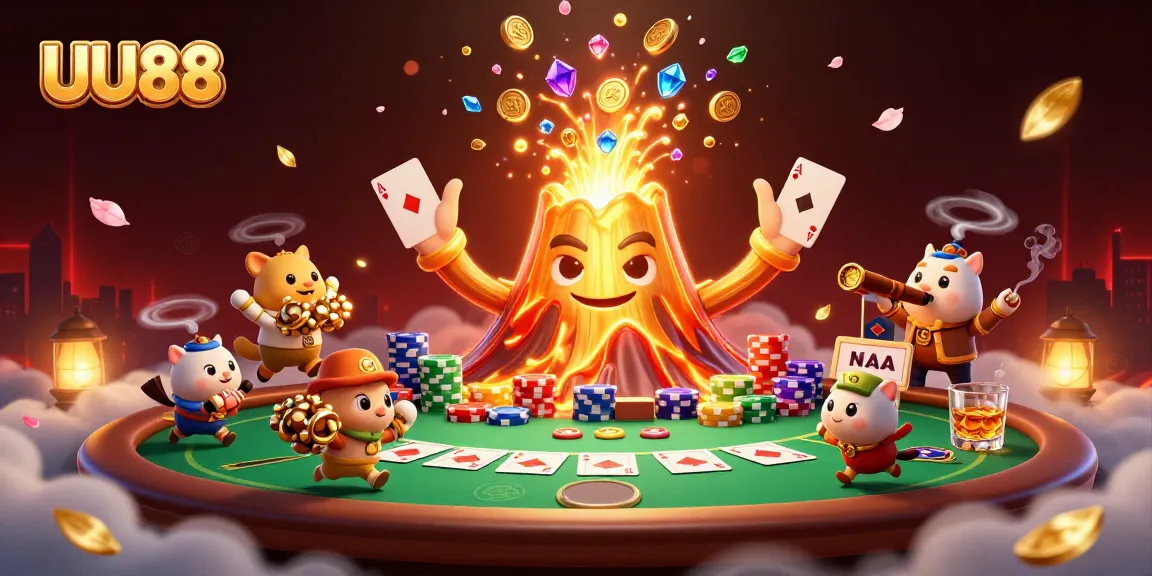 UU88 features a golden volcano and playful animals amidst poker elements, creating an engaging gambling scene.