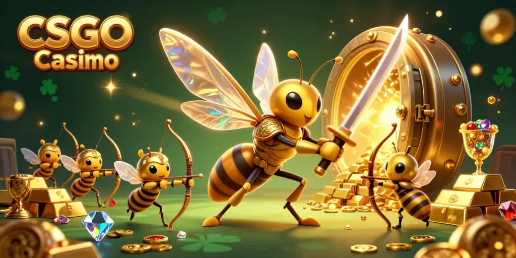 Experience the thrill of the CSGO Casino with a vibrant 3D illustration featuring a giant golden hornet and bee archers amid treasures.