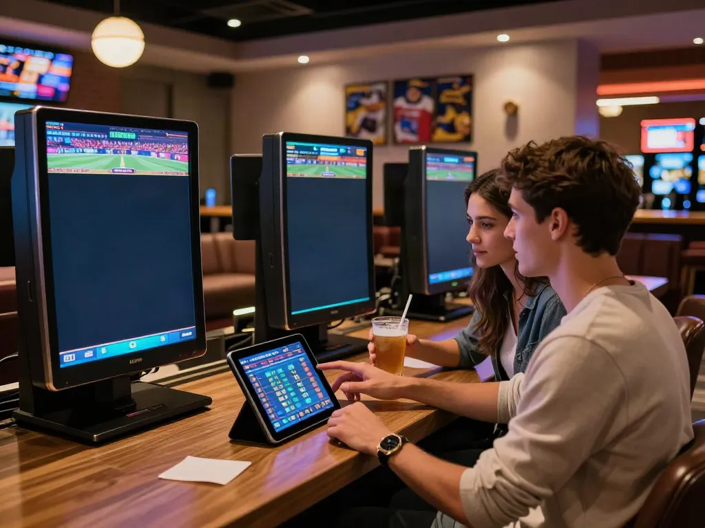 Couple engaging with sports betting screens showcasing Lithuania casino operator reviews and live events.