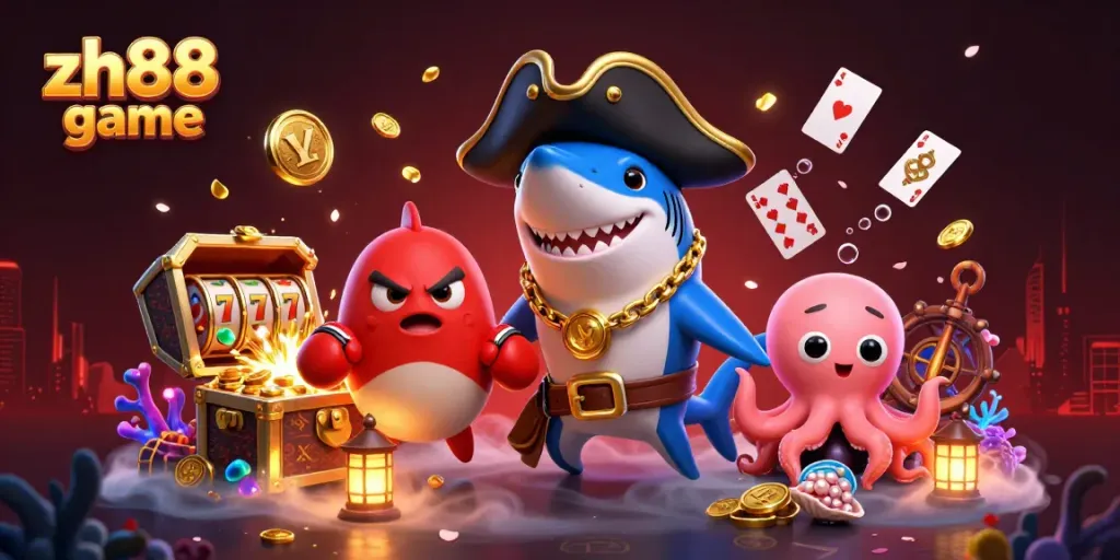 Win big with the zh88 game, featuring lively characters and dynamic casino elements in a vibrant 3D scene.
