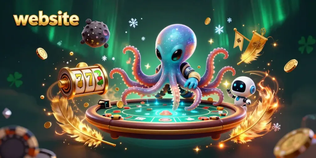 Slot jackpot menarik di website dengan simbol keberuntungan dan efek spesial gemerlap.
