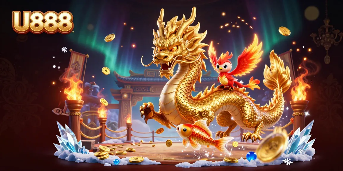U888 showcases a vibrant 3D illustration of a golden dragon and phoenix amid casino elements, capturing exciting gaming energy.