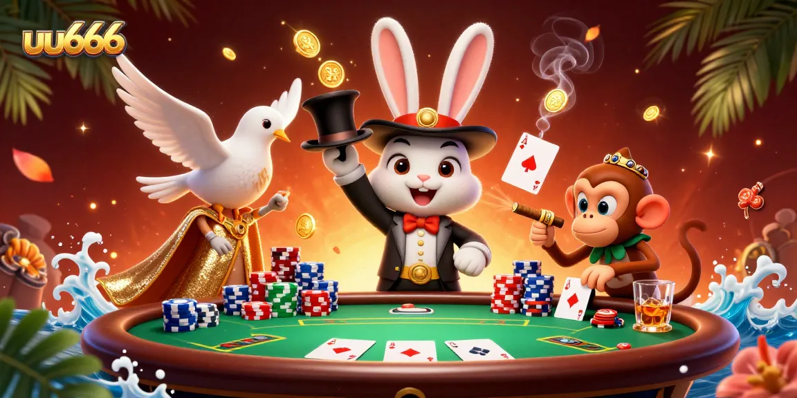 Experience the magic of uu666 with a cartoon rabbit pulling golden coins, dynamic casino elements, and vibrant characters.