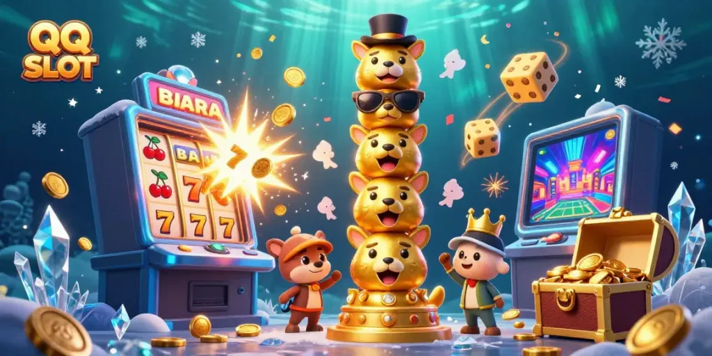 Experience thrilling QQ SLOT excitement with dynamic gaming elements exploding around a vibrant scene.