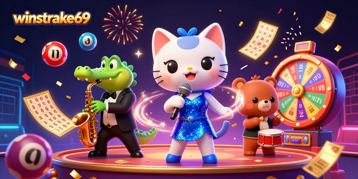Enter the world of winstrike69 as a jazz-singer cat, sax crocodile, and drumming bear unite in a vibrant casino scene.