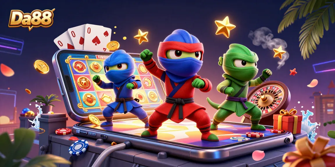 Engage in thrilling slot gameplay at Da88 with ninja chameleons showcasing martial arts amidst vibrant casino elements.