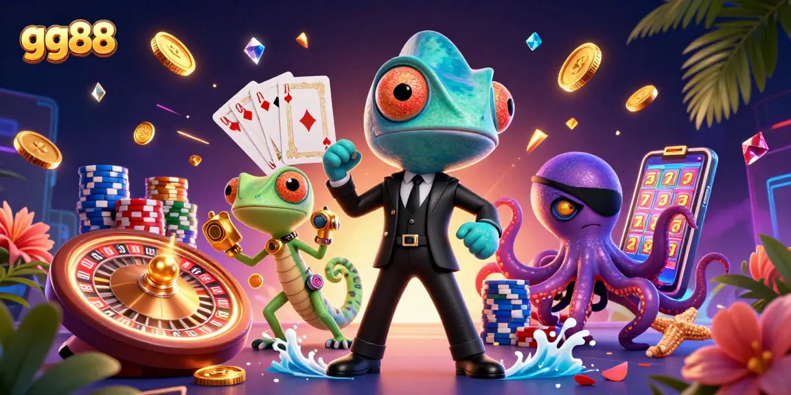 Engage with gg88's vibrant casino scene featuring dynamic characters, spinning roulette, and cascading coins.