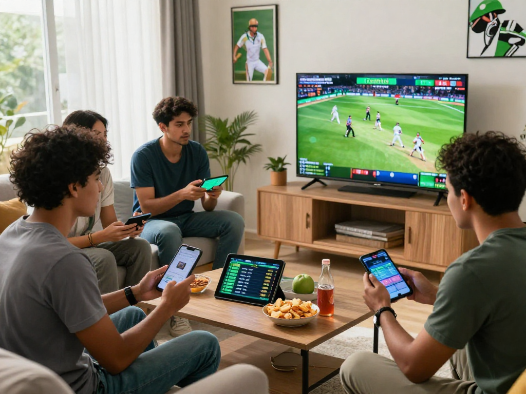 Friends enjoying Fair online betting experience while watching cricket live, showcasing excitement and camaraderie.