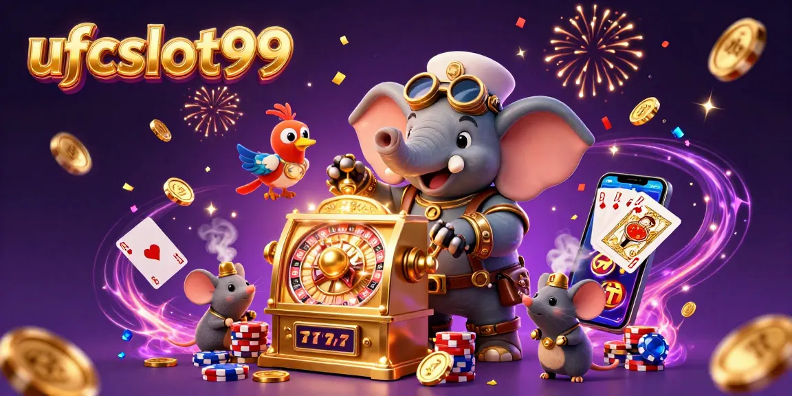 Spin and win with ufcslot99 featuring a steampunk elephant on a golden slot machine.