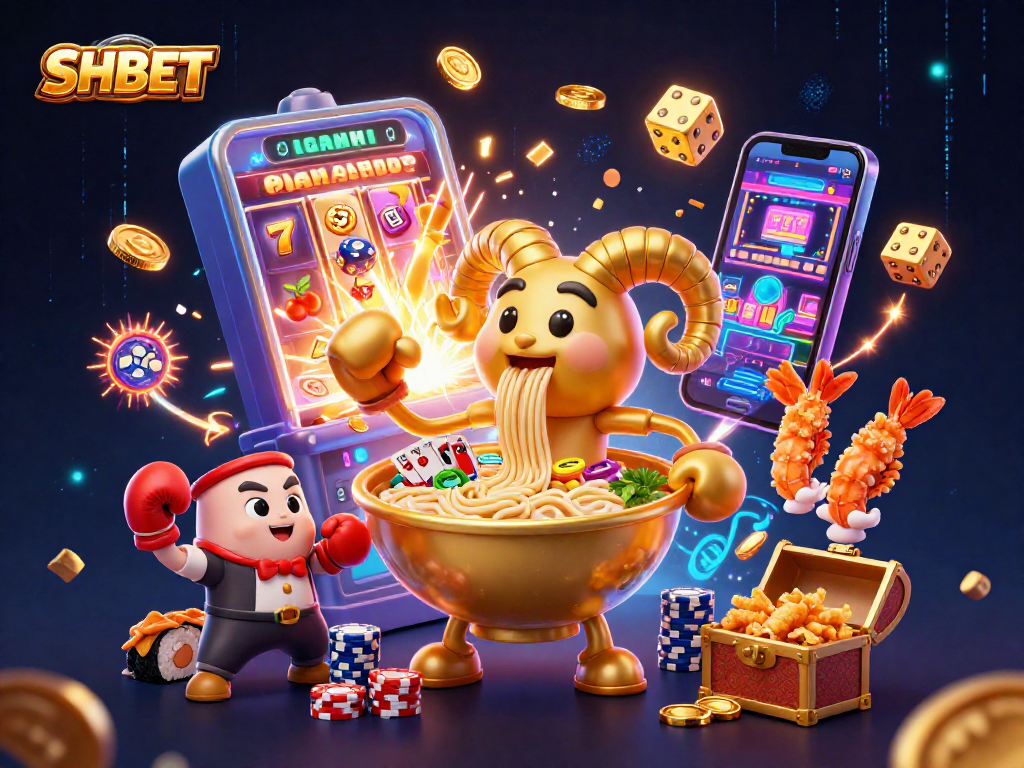 Join the excitement at SHBET with a vibrant scene of winning possibilities featuring card-dealing ramen and energetic cheerleaders.