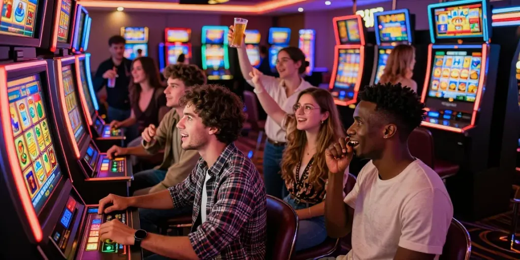 Players celebrating a slot jackpot win at a lively casino atmosphere.