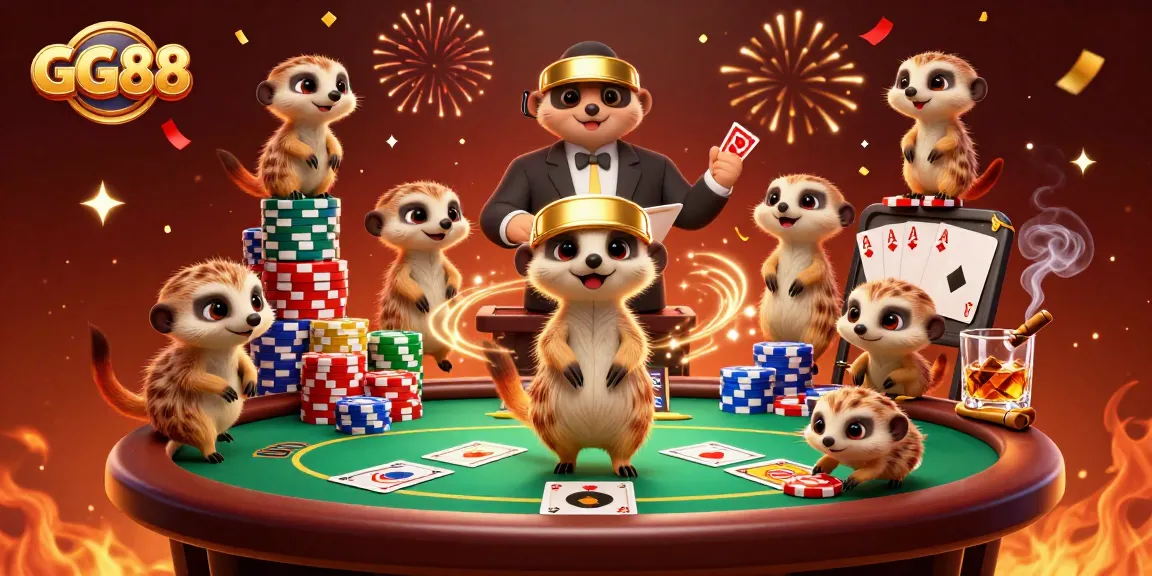 Experience thrilling action at GG88 with lively meerkats inside a bustling casino scene.