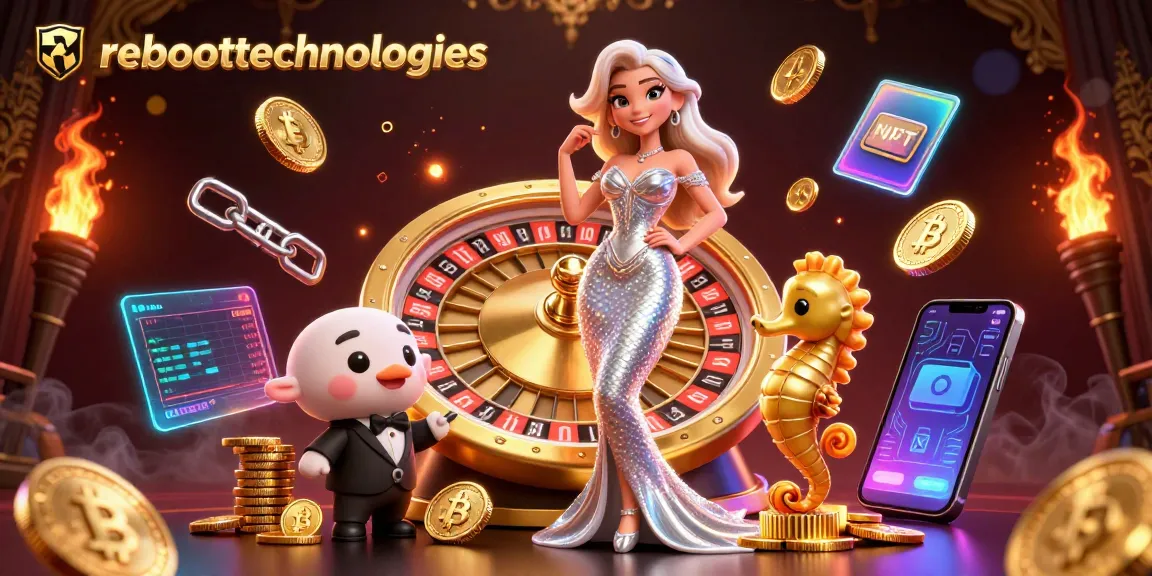 Engage with reboottechnologies at a vivid casino scene showcasing roulette, crypto coins, and playful characters.