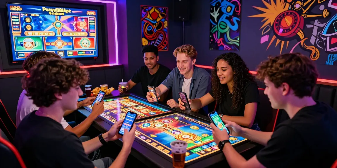 Friends enjoying a competitive gaming session on Pussy888 Apk in a vibrant lounge filled with exciting visuals.