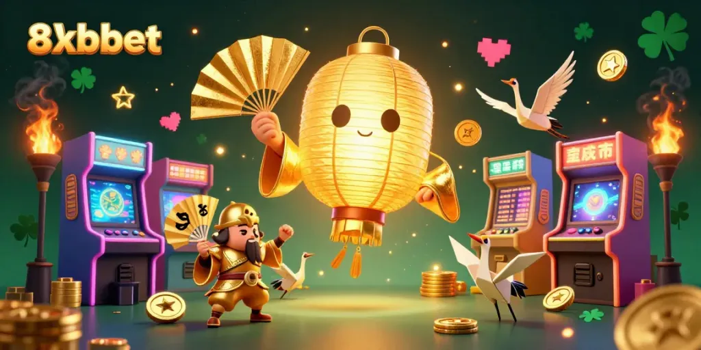 Engage with 8xbet's exciting gaming experience featuring vibrant, dynamic elements like glowing coins and spirits.