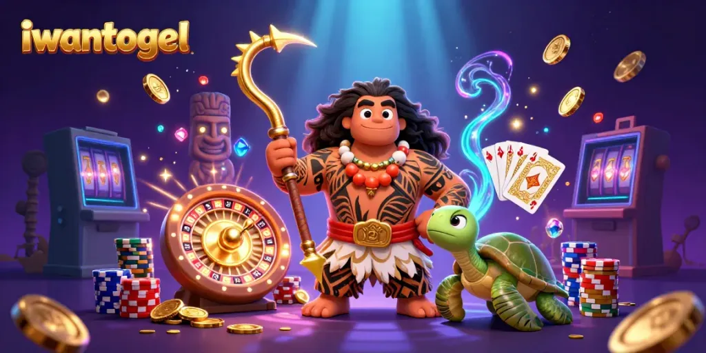 Engage with the vibrant iwantogel online casino scene featuring a Polynesian demigod and a turtle in a rich landscape of winnings.