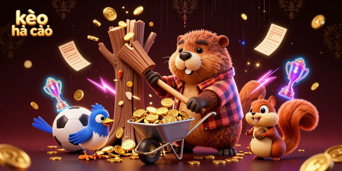 Engaging scene depicting kèo nhà cái with a playful beaver, a bird, and a squirrel, all in a dynamic sports betting environment.