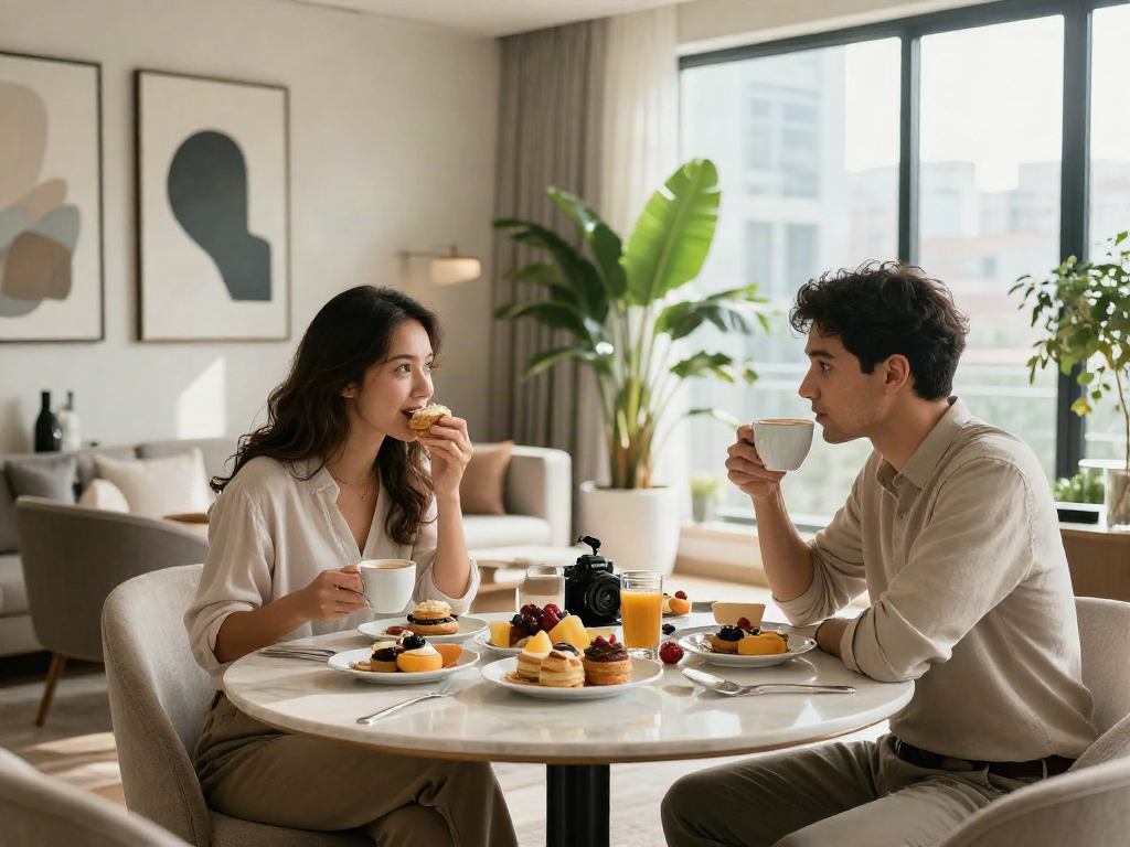 Gaya hidup mewah luxury111 dengan pasangan menikmati sarapan lezat di apartemen modern.